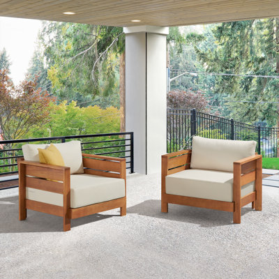 Fauteuil de patio en bois massif l 36 po Barton avec coussins très résistants aux taches et à la décoloration