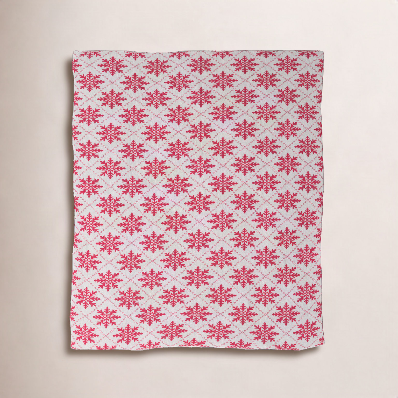 Elegant Cotton Knit Snowflake Throw, Cream/Dark Pink Abstract