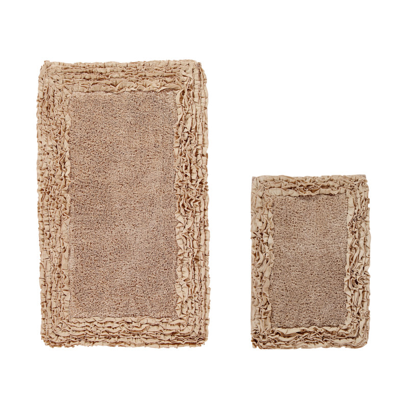 Courson Premium 100% Cotton 1775 GSM 2-Piece Bath Rug Set, OEKO-TEX® Certified, Non-Slip Spray Latex Backing, Plush Tufted Ruffle Pattern, Super Absorbent, Machine Washable Bathroom Rugs, Beige