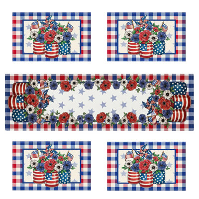 Vases Flowers 4th of July Patriotic Party Table Runner and Placemats Set Include 1pc Table Runner, 4pcs Placemats Independence Day Holiday Kitchen Dining Table Decor