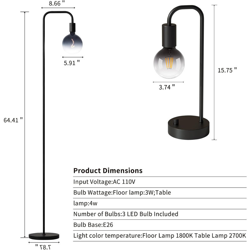 Ensemble de 3 lampes industrielles - 1 lampe sur pied et 2 lampes de table à intensité variable