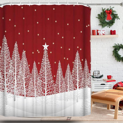  Shower Curtain Christmas Forest Snow Scene Shower Curtain Rainproof and Mildews Proof Long Shower Curtain Red Curtain Dirt Counteractive and Easy To Clean with 12 Hooks Bath Curtain Decor