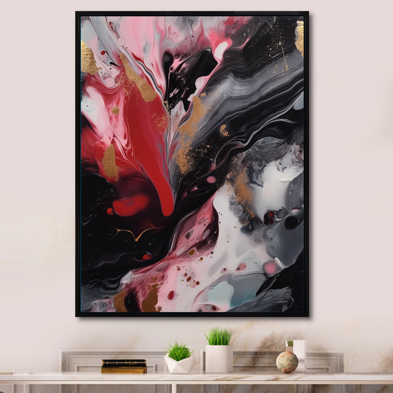 «Red and Black Marble Whispers IV», art abstrait sur toile marbrée, H 20 po x l 12 po x P 1 po, Cadre flottant noir