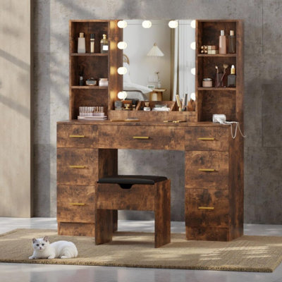 Makeup Vanity Desk with Lighted Mirror, 7 Drawers, Charging Station & Cushioned Storage Stool, Wood Dressing Table with 4 Open Shelves, 3 Compartments for Bedroom or Bathroom