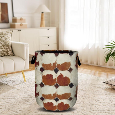 Vintage Cowskin Laundry Basket Laundry Hamper Collapsible Oxford Cloth With Handle Clothes Toy Storage Bin For Bathroom Laundry Room Bedroom