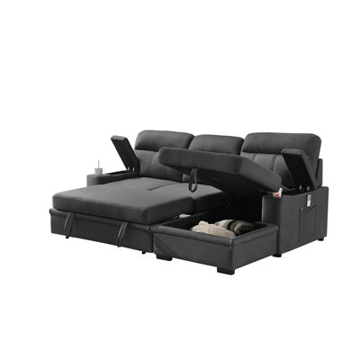 Kael 94"W Gray Fabric Sleeper Sectional Sofa Chaise With Storage Arms And Cupholder