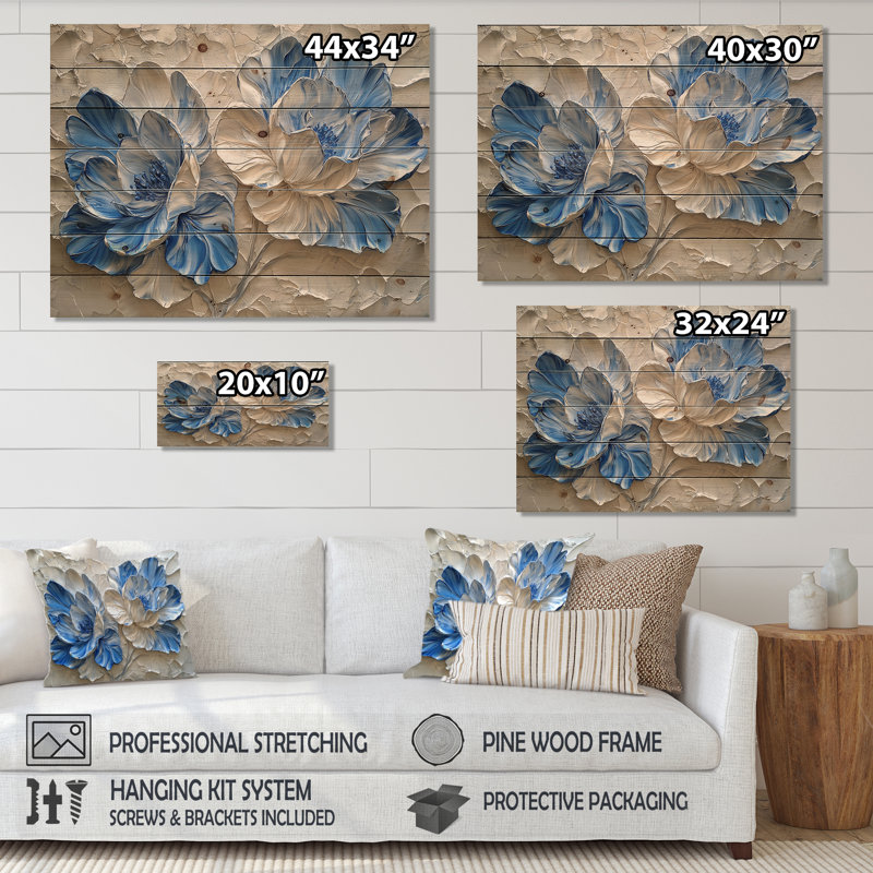 Cream Velvet Blue Rhododendron Path III - Rhododendron Wood Wall Decor - On Natural Pine Wood, 10" H x 20" W x 0.78" D