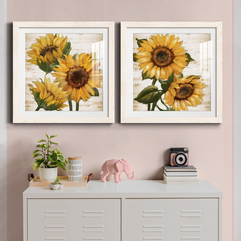 Tournesol d'été I - ensemble de 2 peintures, H 20 po x l 40 po, Papier dans un cadre photo, Blanc