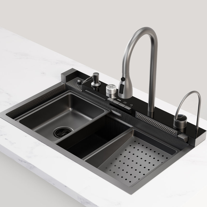 Ensemble d'évier de cuisine 31,5 x 17,7 pouces en acier inoxydable 304 avec cascade rétractable Smart Smart