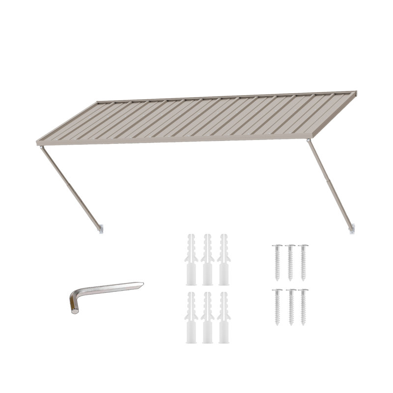 Kozyard Adjustable Door Window Awning – 4-Level Tilt, 95" W × 43 1/2" Sloped Panel, Adjustable Projection 31"–42", Aluminum Frame & Metal Canopy, All-Weather Rain, Snow & UV Protection (Khaki)