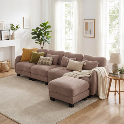 Canapé modulaire en L surdimensionné en chenille, canapé modulaire à 4 places avec 4 coussins de taille et 1 repose-pieds mobile, conception incurvée ergonomique, confort en forme de nuage pour le salon, le bureau