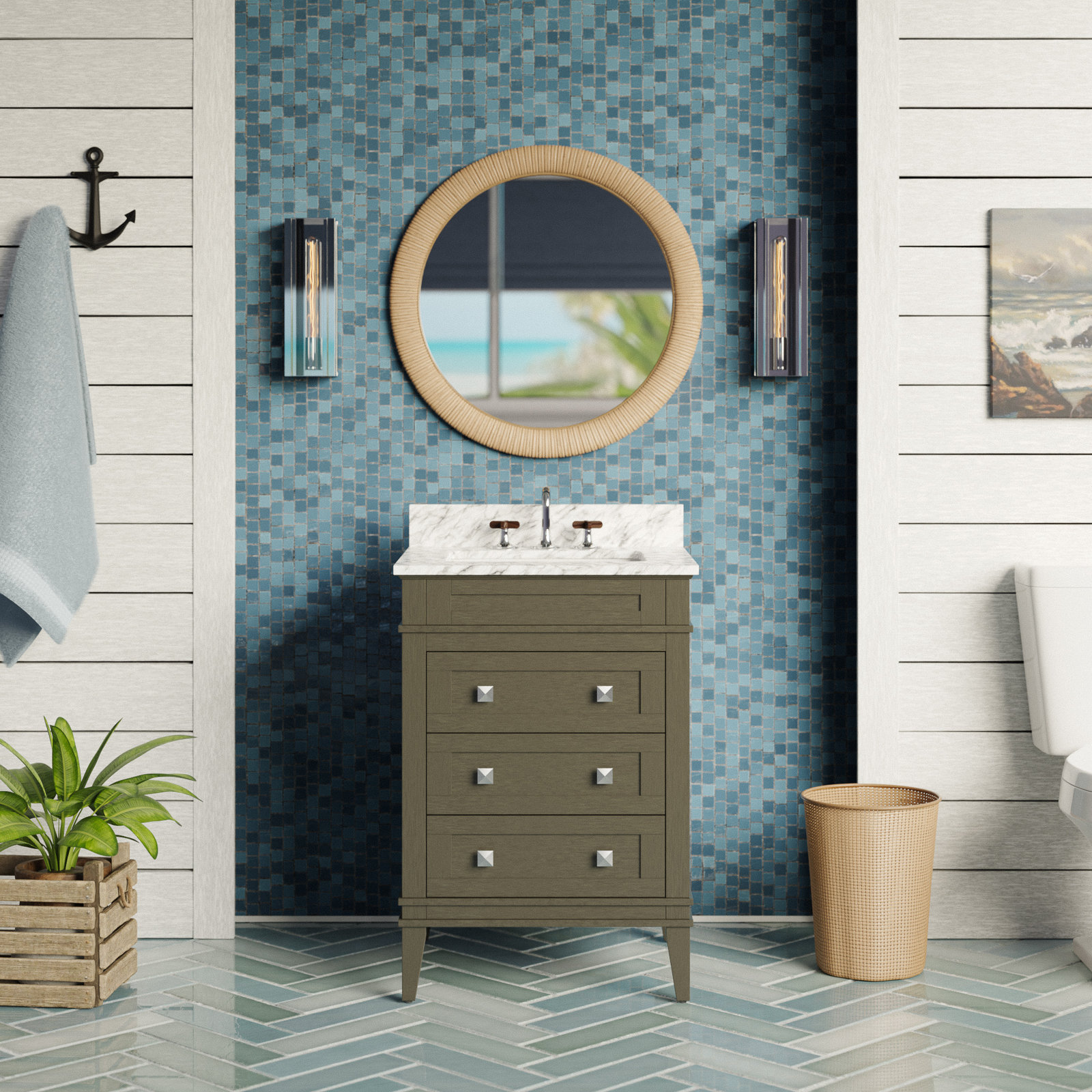 24'' Single Bathroom Vanity, Carrara Marble, Weathered Gray