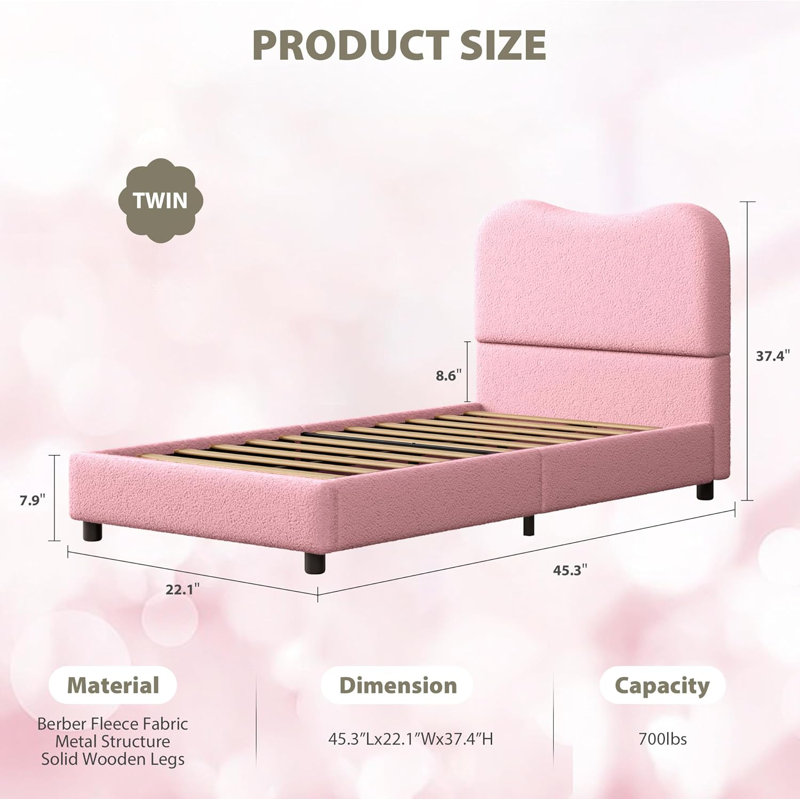 Structure de lit avec tête de lit tapissier, lit plateforme robuste à profil bas avec tissu bouclé doux, Lit simple, Rose