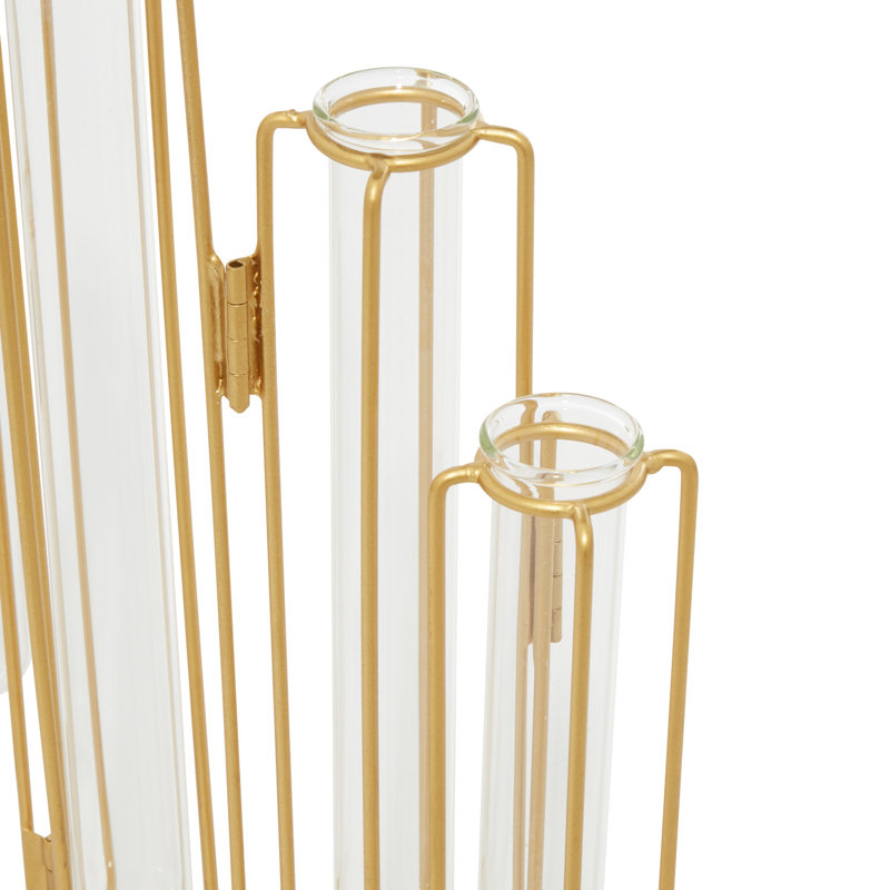 Rossa Metal Foldable Decorative Gold Vase with Clear Glass Test Tubes, Gold