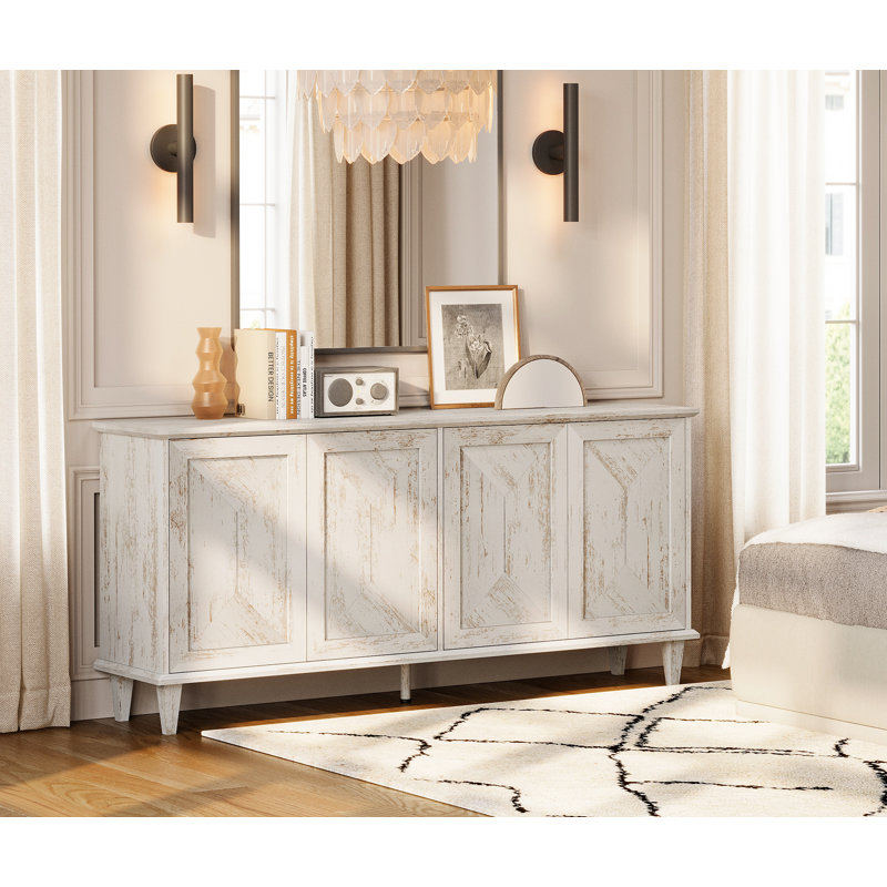 Meuble télé 65 po de style campagne moderne avec portes en patchwork fabriquées à la main pour téléviseurs de 55 à 75 po, console de divertissement avec gestion des câbles, tablettes de rangement réglables pour le salon, chêne pâle