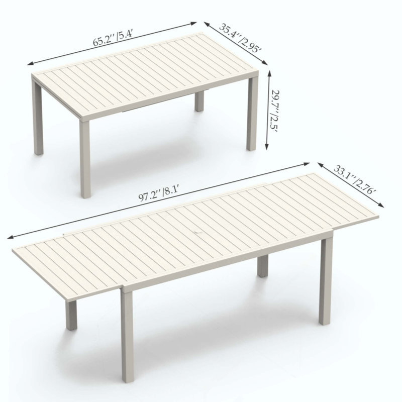 Table de salle à manger extensible pour l'extérieur, plateau extensible à 3 panneaux, structure en aluminium antirouille avec pieds réglables en hauteur