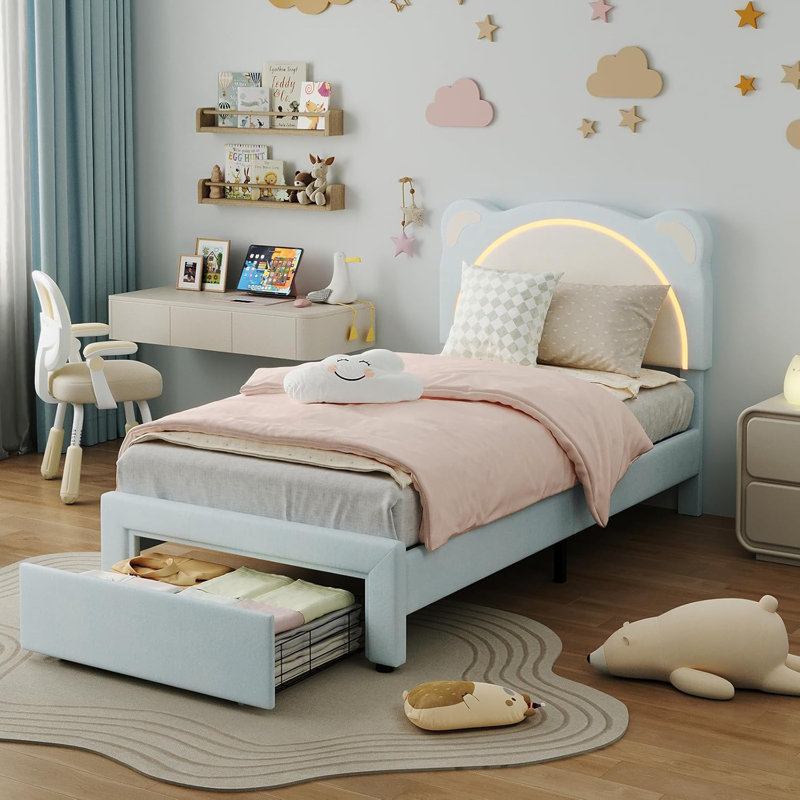 Twin XL Size Kids Velvet Platform Bed Frame With LED Lights Storage Drawer Adjustable Bear Headboard Solid Wood Slats Noise Free Blue Color