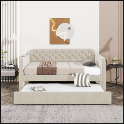 Lit de jour rembourré en velours luxueux avec couchette et charge USB, parfait pour le confort et la commodité modernes