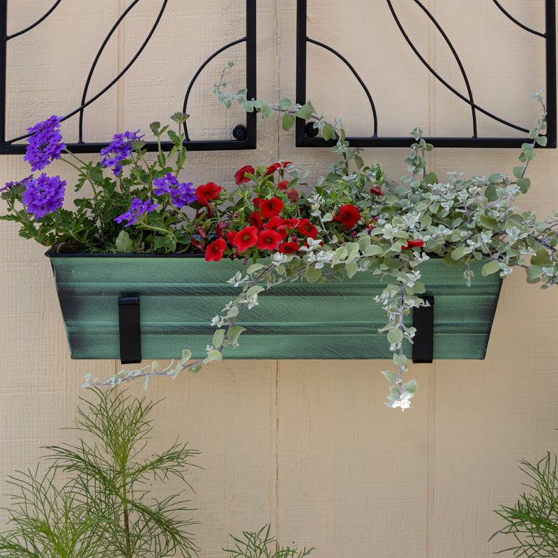 Small Green Galvanized Metal Flower Box with Wall Brackets