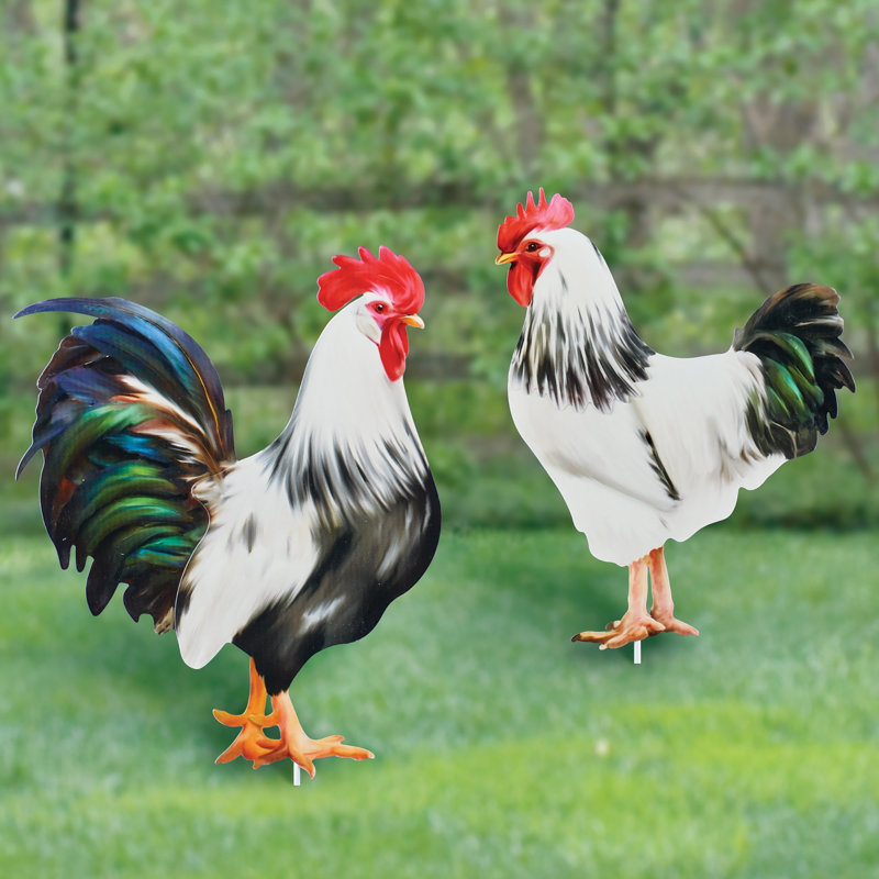 Colorful Realistic Iron Barnyard Rooster Garden Stakes - Set of 2