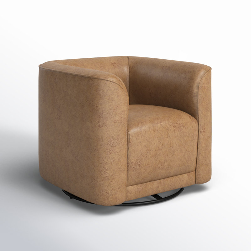 Upholstered Swivel Barrel Chair, Badlands Saddle Brown Performance Faux Leather