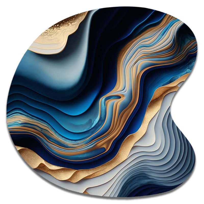 «Vibrant Blue and Gold Flow Art II», art mural asymétrique abstrait en forme de goutte transitionnelle, H 27 po x l 27 po