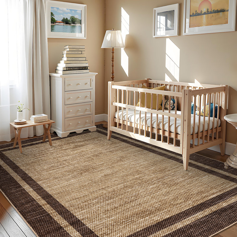 Modern Bordered Area Rug Washable Rug for Living Room, Neutral Minimalist Carpet, Soft Thin Low Pile Non Shedding Floor Covering, Indoor Foldable Non Slip Mat for Bedroom