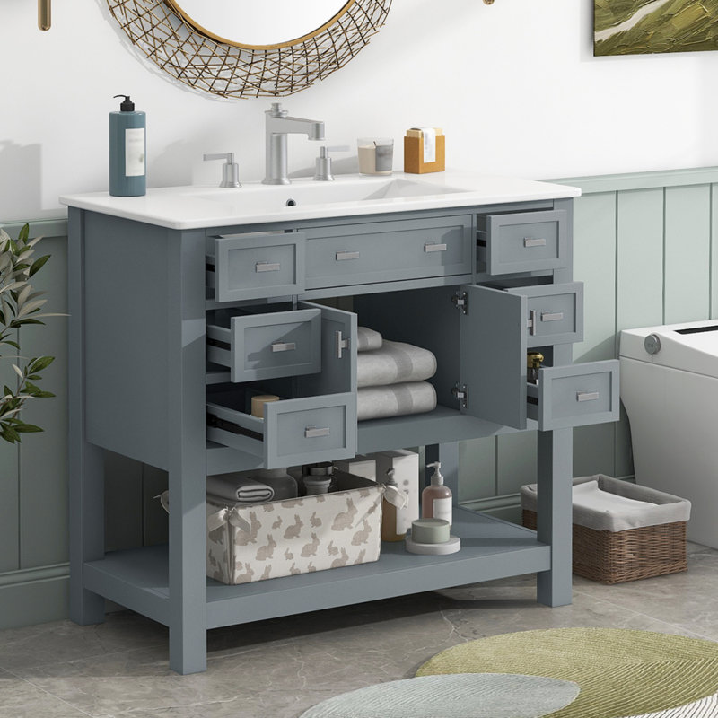 Meuble-lavabo 36 po avec lavabo supérieur, armoire de rangement moderne avec 2 portes à fermeture douce et 6 tiroirs, meuble-lavabo simple, meuble-lavabo