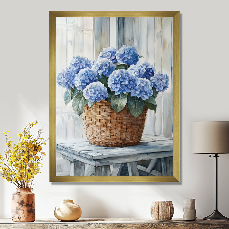 Hydrangeas In A Farm Basket III - Art mural sur toile florale, H 32 po x l 24 po, Reproduction encadrée d'une seule photo