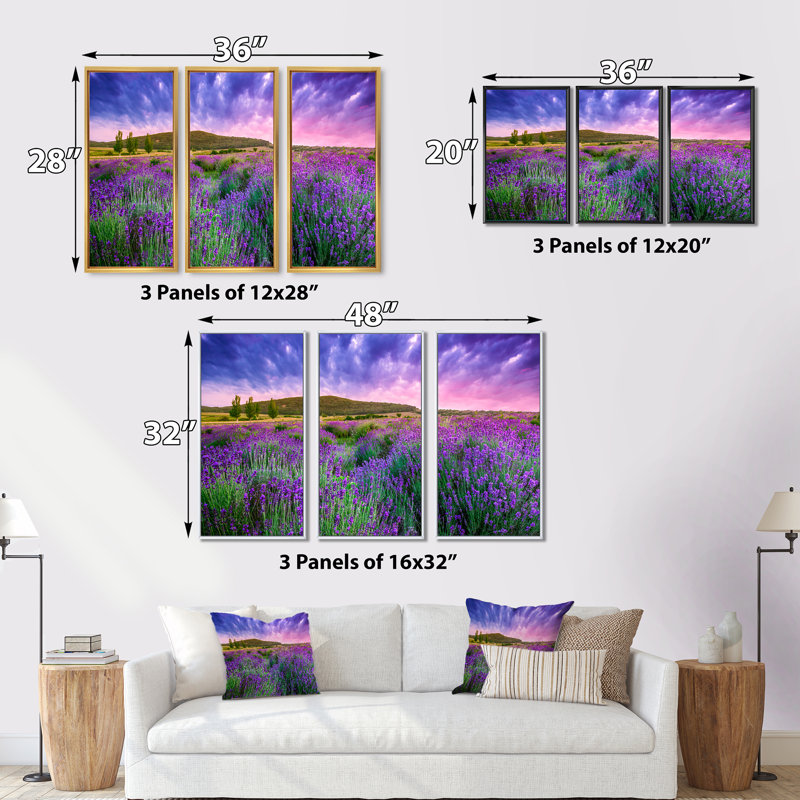«Glorious Sunset Over Blossoming Lavender Field», reproduction de cadre flottant sur toile 3 pièces, Cadre noir
