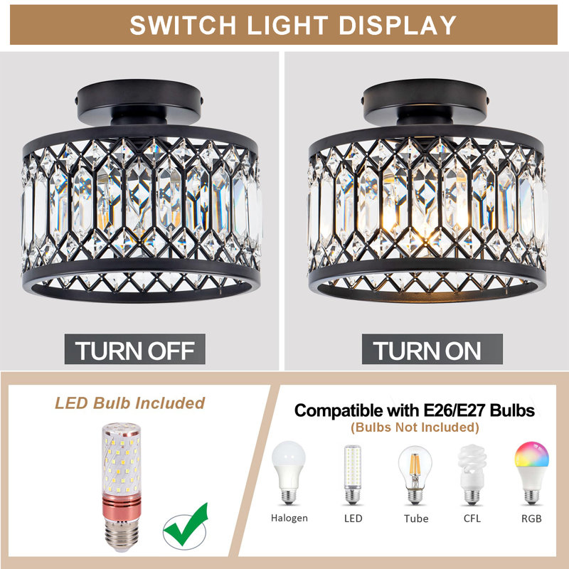 Modern Black Metal Flush Mount Ceiling Light with Crystal Shade - 3 Adjustable Color Temperatures (3000K-6500K)