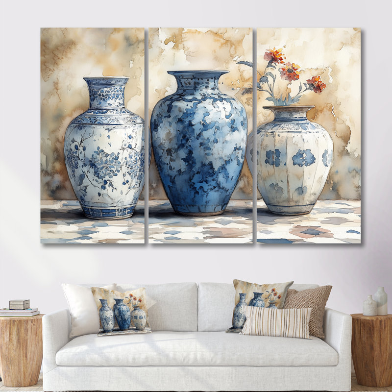 Ensemble de décorations murales «Blue Stately Vases II - Morocco Pottery», H 28 po x l 36 po x P 1 po, Toile tendue
