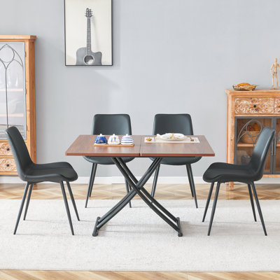 Multifunctional Lifting Dining Set Walnut Mdf Black Metal Legs Versatile Modern Home