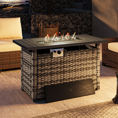 Outdoor Propane Gas Fire Pit Table,  50,000 BTU Rectangular Rattan Fire Pit with Lid, Hidden Tank Storage