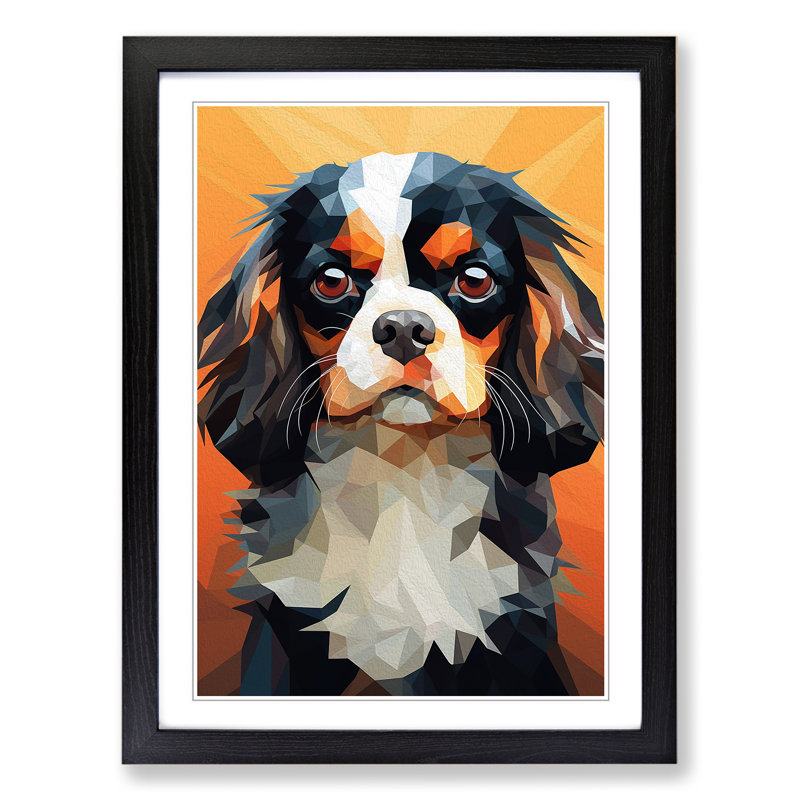 Cavalier King Charles Spaniel Geometric - Single Picture Frame Print on Wood, 46cm H x 34cm W x 2cm D, Black