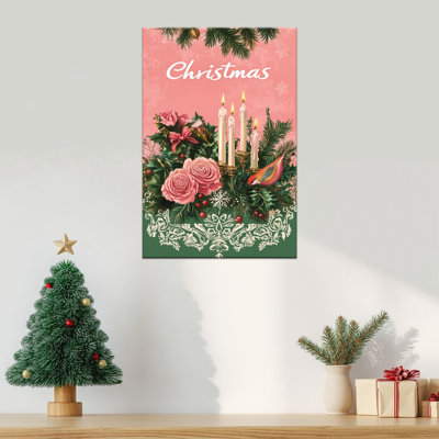 Grandes bougies roses rétro Abiel, reproduction d'art pour les fêtes d'hiver, impressions sur toile de nature festive, affiche de photo de Noël rose vert pour le bureau de la chambre à coucher, 24 po x 36 po