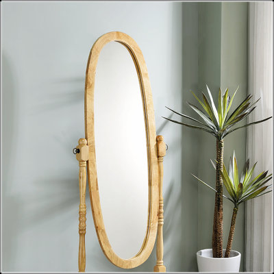59.25 Inch Tall Adjustable Standing Wooden Floor Mirror, Oval Shape With Swivel Function For Full-Length Reflection