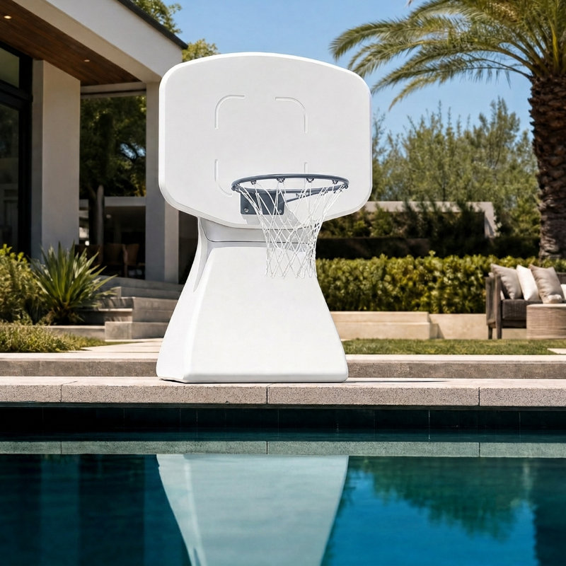 Coast Modern Poolside Basketball Hoop with Wheels - Premium Outdoor Pool Basketball Hoop with 2 Swimming Pool Basketballs and Ball Pump - White