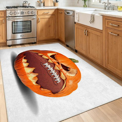 White Machine Washable,Autumn Football Pumpkin Jack Lantern Indoor Area Rug
