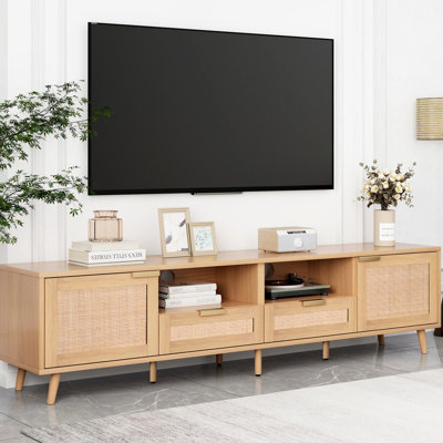 Meuble télé moderne : compatible avec les téléviseurs de 85 pouces, pieds en bois massif, console multimédia multifonctionnelle avec rangement intégré : design élégant, grande capacité.