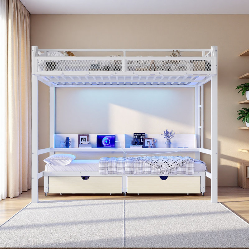 Queen Over Queen Bunk Bed With Storage Shelves And Drawers,Multifunctional Metal Bunk Beds With USB Ports And LED Lights, Lower Bed That Can Be Converted Into A Sofa
