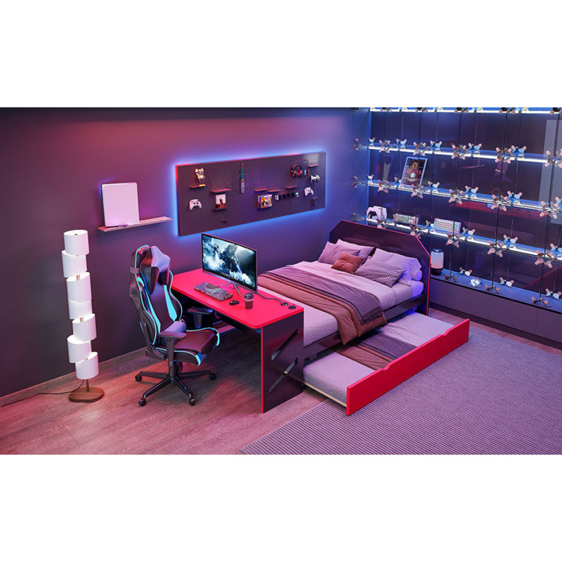 Lit de jour en bois pleine grandeur avec lit gigogne simple, bureau et port USB, rouge, Rouge