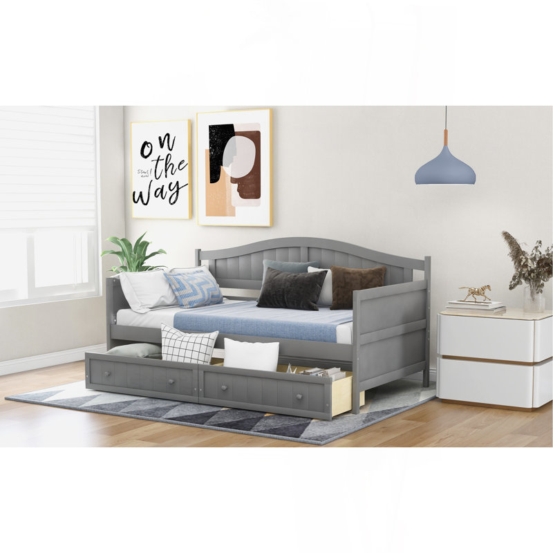 Lit de jour simple en bois avec 2 tiroirs, canapé-lit pour le salon de la chambre à coucher, aucun sommier nécessaire, gris