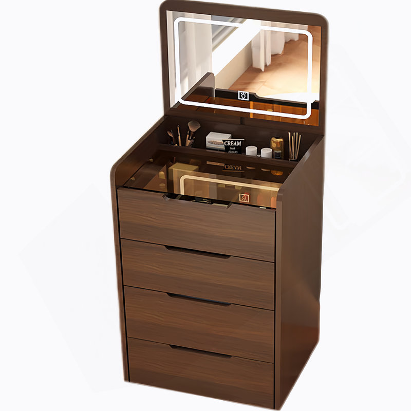 Bureau de coiffeuse 3-en-1 avec miroir éclairé et tabouret, coiffeuse compacte, finition noyer | Idée de cadeau, Brun