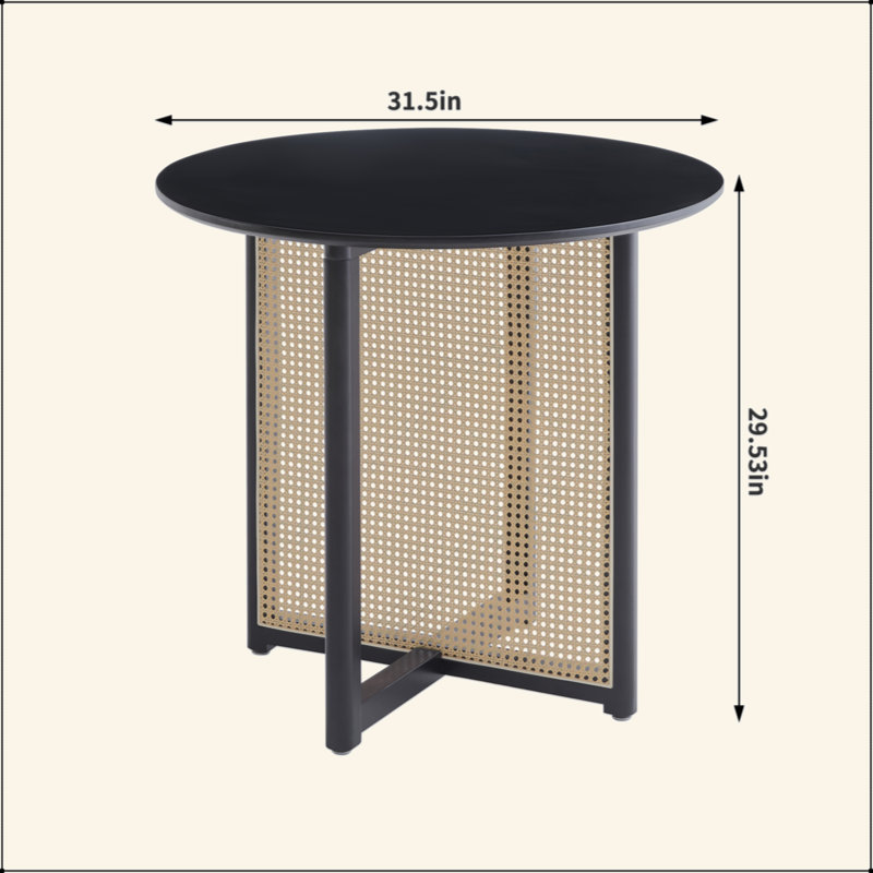 Table ronde en bois massif, fabrication entièrement en bois massif et en rotin, pouvant accueillir de 2 à 4 personnes, diamètre de 31,5 pouces