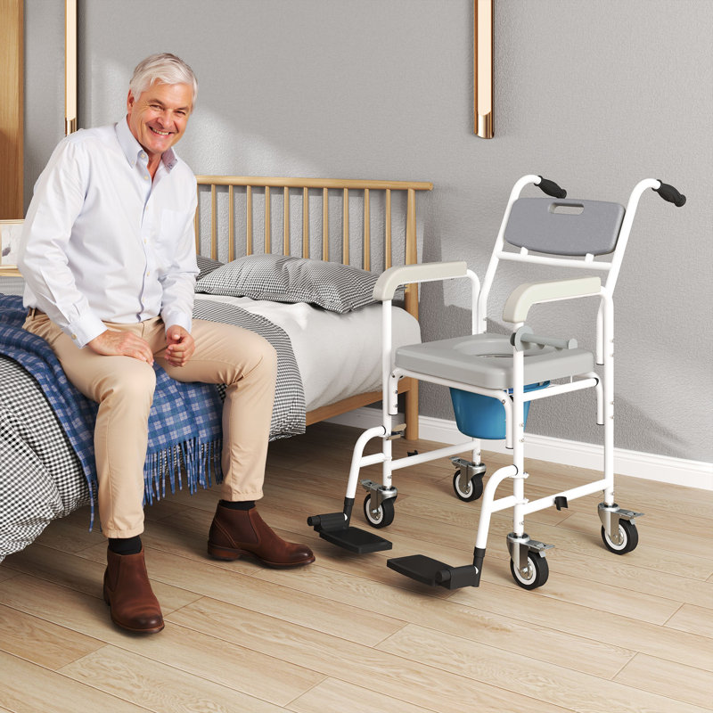 Chaise de douche à roulettes 4 en 1, fauteuil de chevet avec siège, dossier, accoudoirs, chaise de douche pour personnes âgées, adultes, blessés ou handicapés, gris