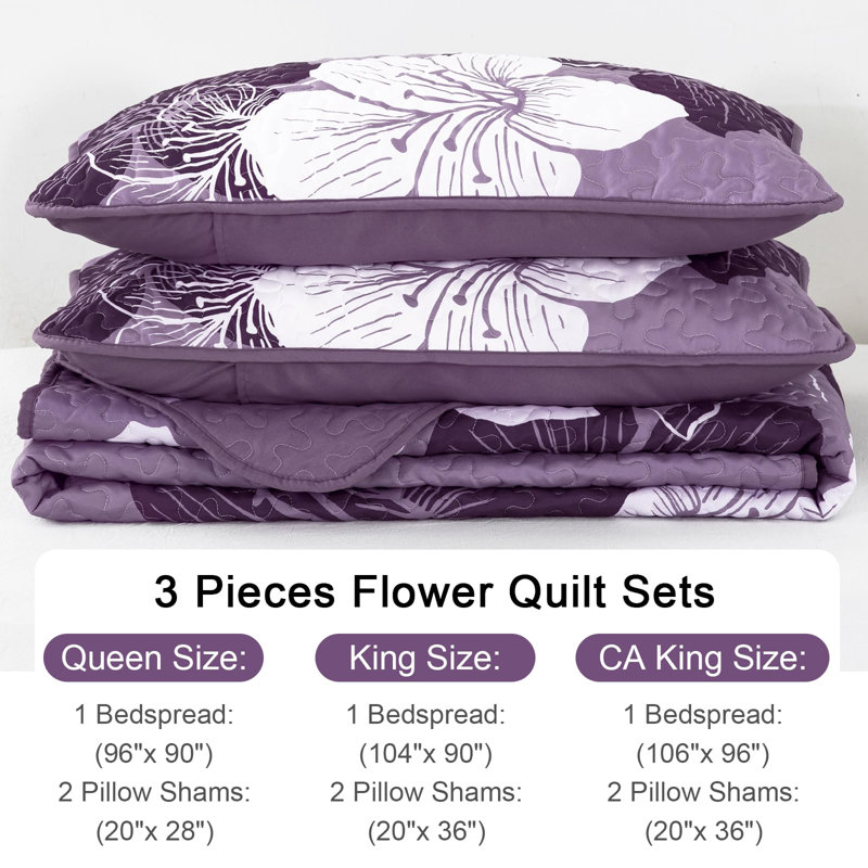 3 Piece Botanical Floral Quilt Set  with Pillow Shams Soft Lightweight Flower Bedding Set for All Season, Dark Purple