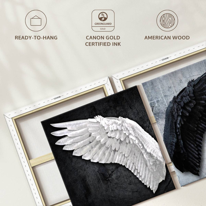 Decor Elements - Ailes d'ange blanches et noires sur toile, 2 pièces, H 28 po x l 57 po x P 1,25 po