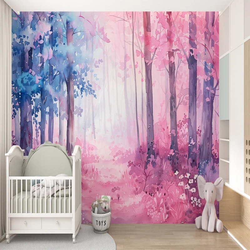 Rose et bleu aquarelle forêt enchantée, L 108 po x l 96 po