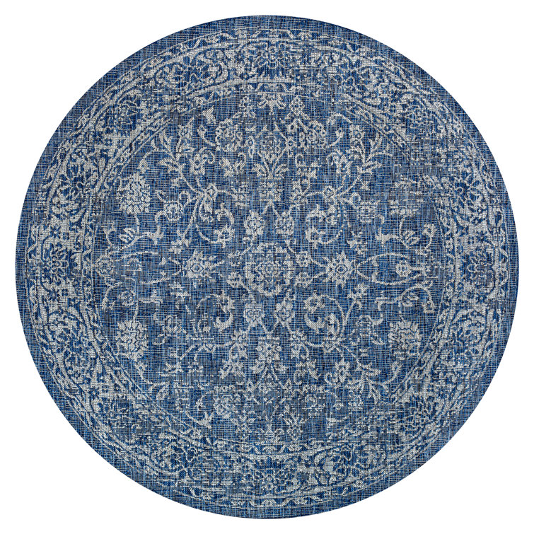 Leonora Bohemian Textured Weave Floral Navy/Gray Indoor/Outdoor Rug